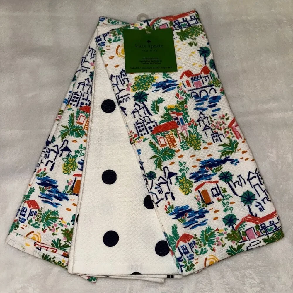 Kate Spade Kitchen Towel Set of 3 Tropical Colorful Scene Polka Dots NWT